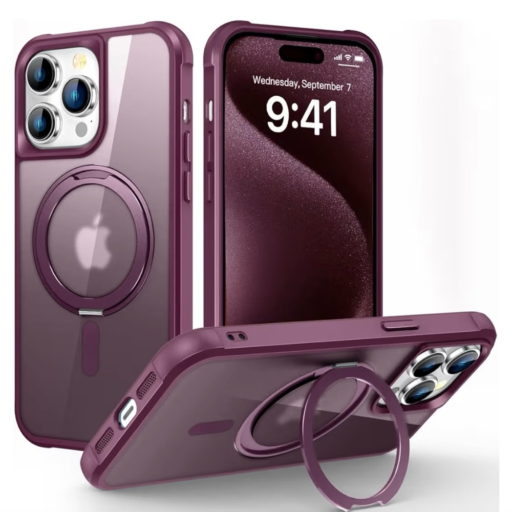 iPhone 15 Pro Max Case 360° Rotatable Magnetic Ring Stand Translucent Wine Red